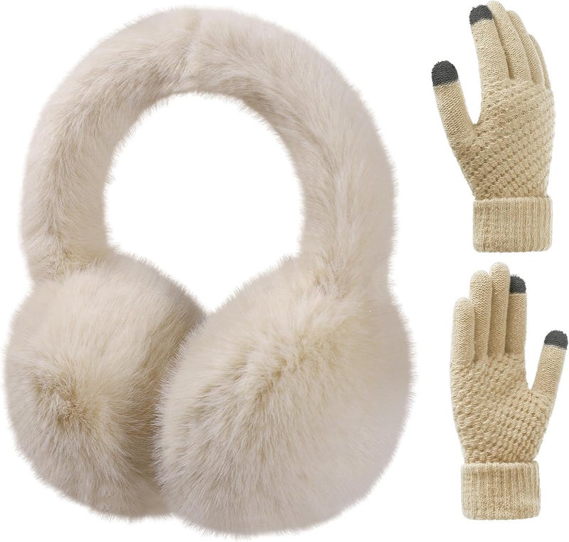 KDVOG Store Women Winter Ear Muffs Gloves Set Girls Fluffy Earmuffs Cold Weather Faux Fur Ear Warmers Touch Screen Gloves - Image 1